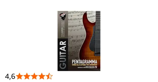 Copertina di "Pentagramma: Guida alla lettura per chitarristi" con chitarra e spartito musicale.