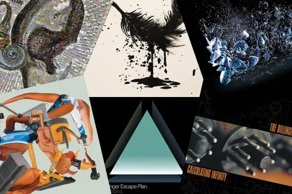 Collage di copertine di album, tra cui un polpo, una piuma nera, vetri infranti e un circuito elettronico con la scritta "The Dillinger Escape Plan".