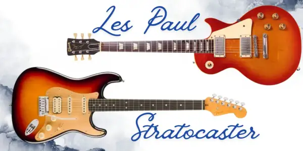 Due chitarre iconiche: una Gibson Les Paul rossa e arancione e una Fender Stratocaster sunburst.