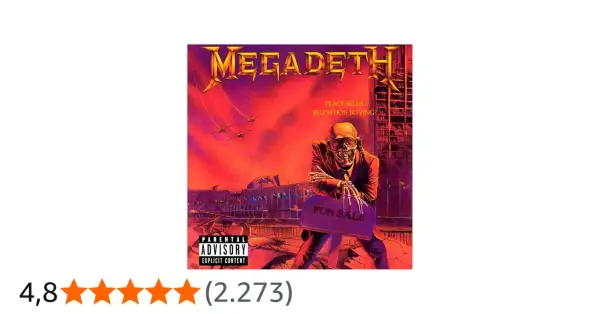Copertina album Megadeth "Peace Sells... But Who's Buying?". Scheletro in giacca e cravatta con cartello "FOR SALE".
